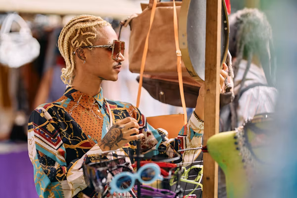 A man browsing through thrift racks at a local market. Digging through style treasures in Yaba or Tejuosho — where ₦3k still goes a long way. Photo by Nathalia Blauth via Unsplash