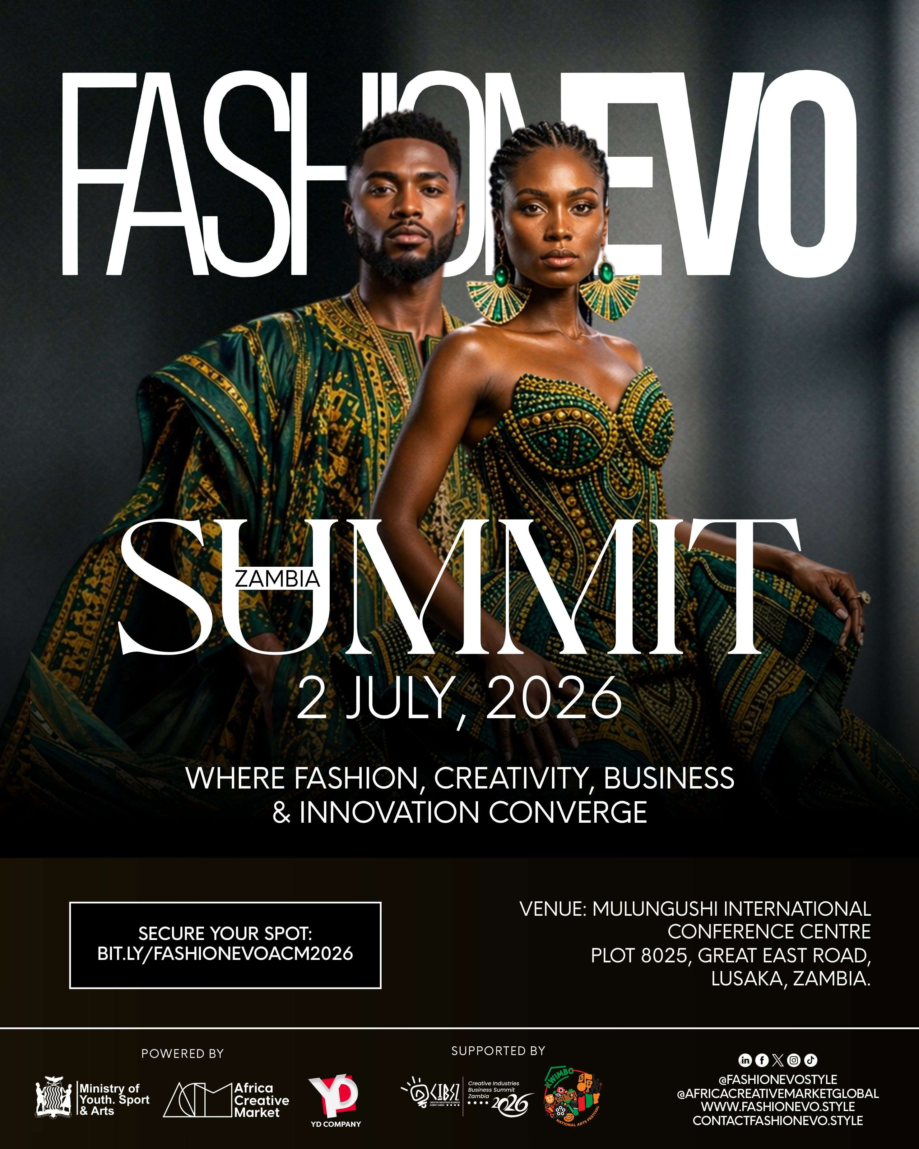 Poster for Fashion Summit Zambia 2026 showing a stylish couple in vibrant African print outfits.